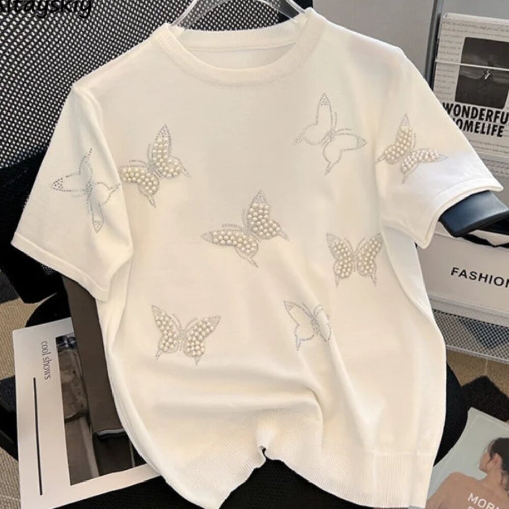 NWOT butterfly stud pearl details short sleeve lightweight sweater Size S (273)